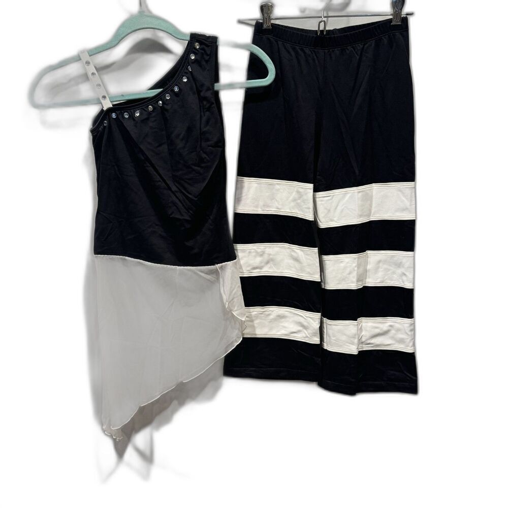 Children's Dance Costume Set sz XL Striped Capri Pants Tank Top Black White